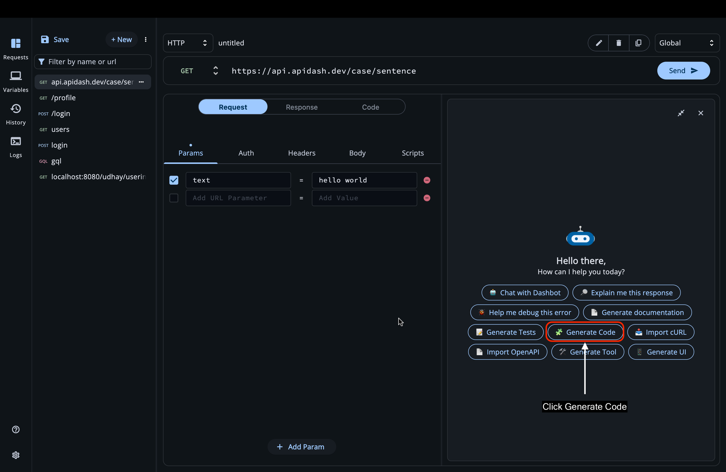 Dashbot home screen with Generate Code option highlighted