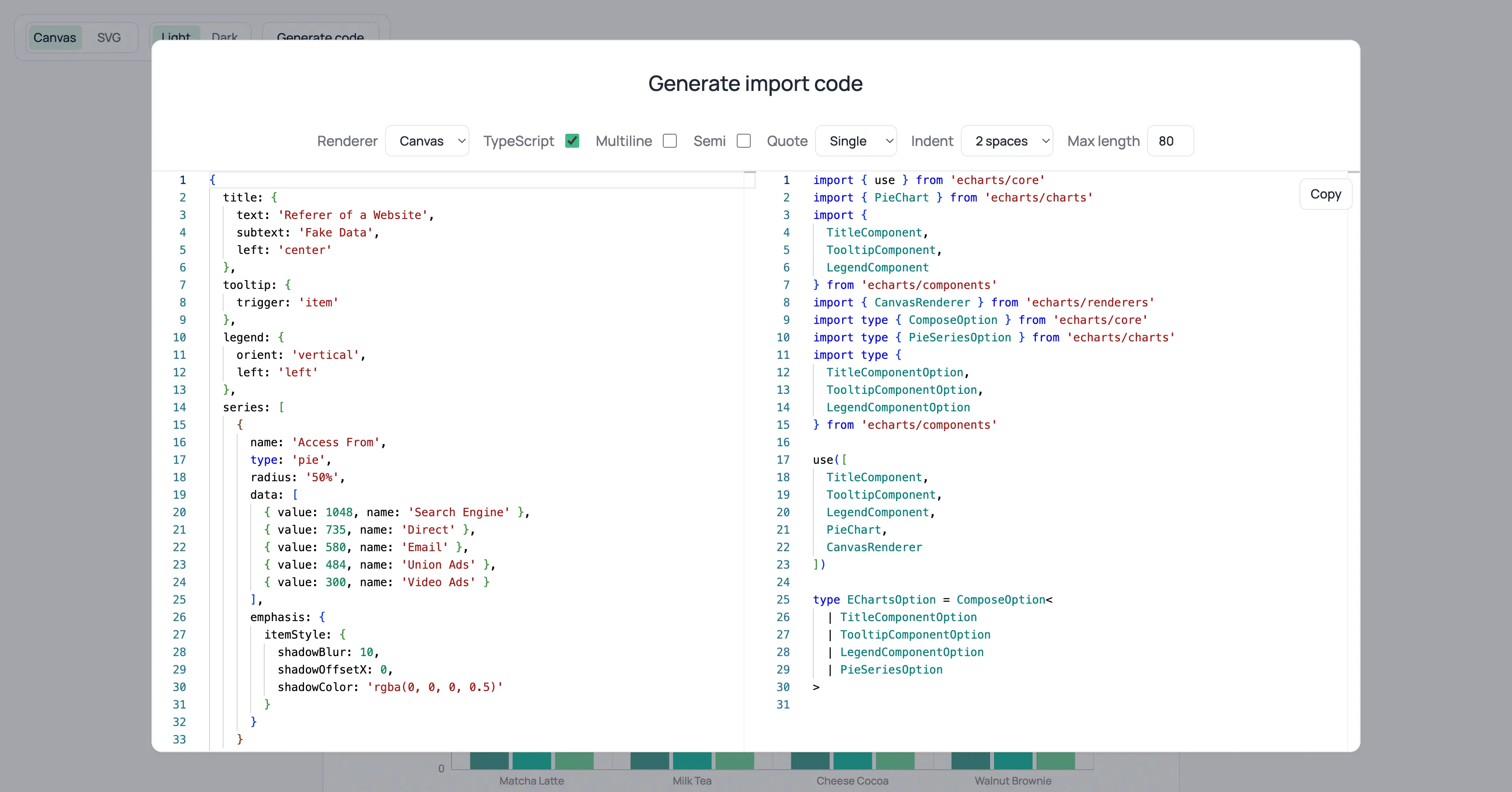A modal for generating ECharts import code. The left panel shows a chart configuration in JSON, while the right panel displays TypeScript import statements for ECharts charts and components.